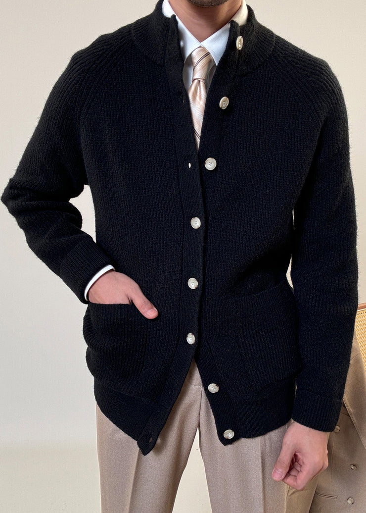 Black Pockets Cozy Cotton Knit Mens Coats Stand Collar