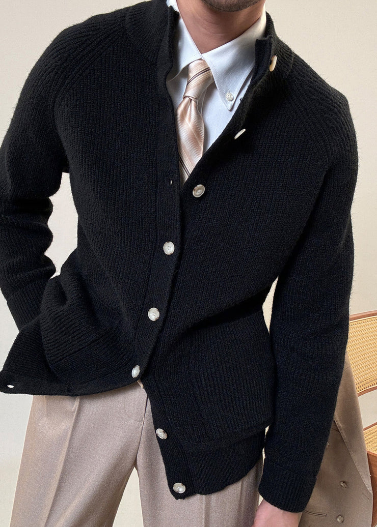 Black Pockets Cozy Cotton Knit Mens Coats Stand Collar