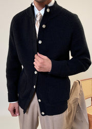 Black Pockets Cozy Cotton Knit Mens Coats Stand Collar