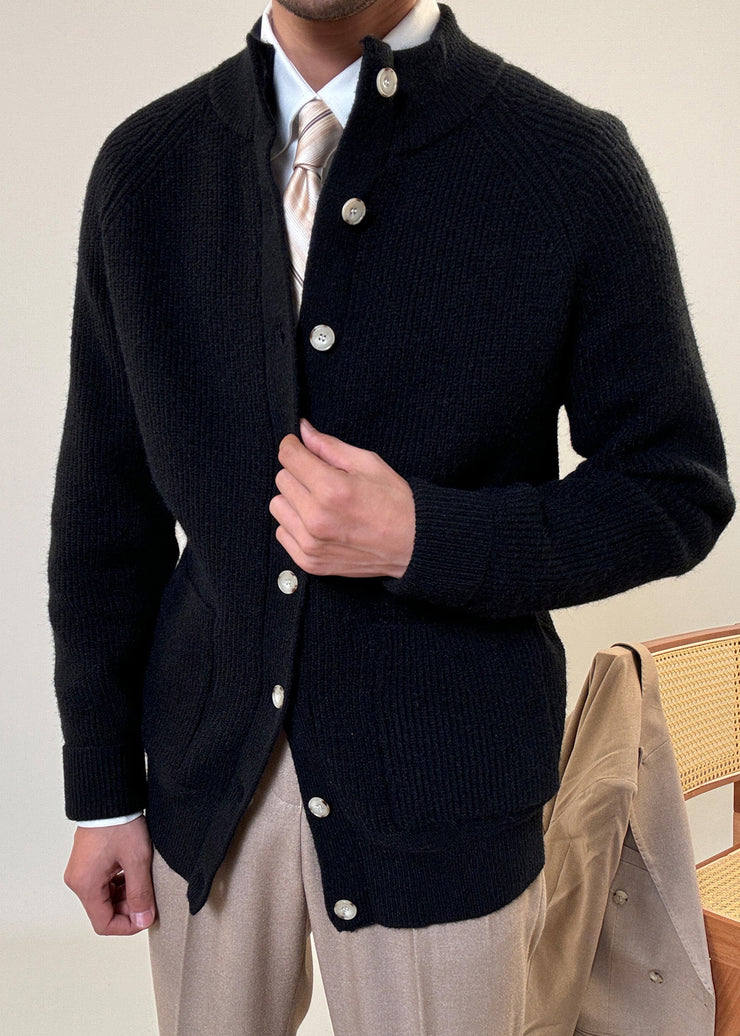 Black Pockets Cozy Cotton Knit Mens Coats Stand Collar