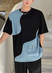 Black Pockets Denim Patchwork Men T Shirt O Neck Summer