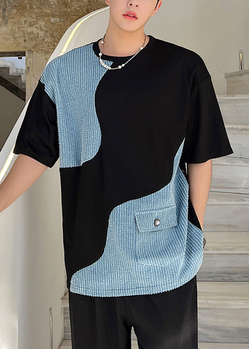Black Pockets Denim Patchwork Men T Shirt O Neck Summer