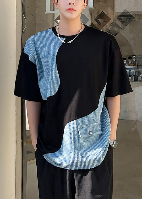 Black Pockets Denim Patchwork Men T Shirt O Neck Summer