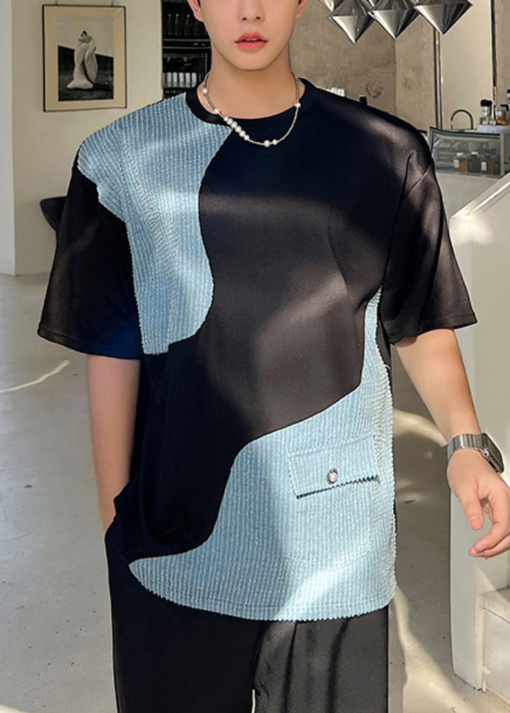 Black Pockets Denim Patchwork Men T Shirt O Neck Summer
