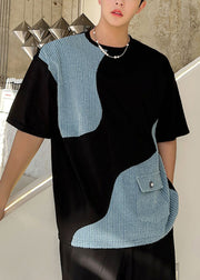 Black Pockets Denim Patchwork Men T Shirt O Neck Summer