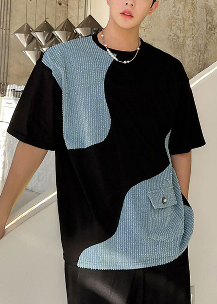 Black Pockets Denim Patchwork Men T Shirt O Neck Summer
