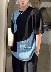 Black Pockets Denim Patchwork Men T Shirt O Neck Summer