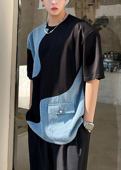 Black Pockets Denim Patchwork Men T Shirt O Neck Summer