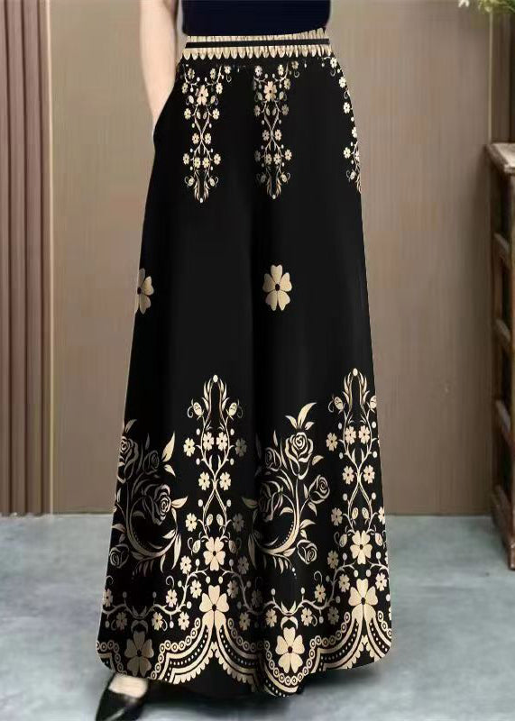 Black Pockets Elastic Waist Cotton Pants Print