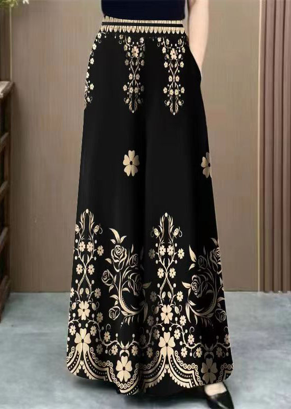 Black Pockets Elastic Waist Cotton Pants Print