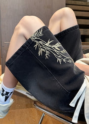 Black Pockets Elastic Waist Denim Summer Mens Shorts Embroideried