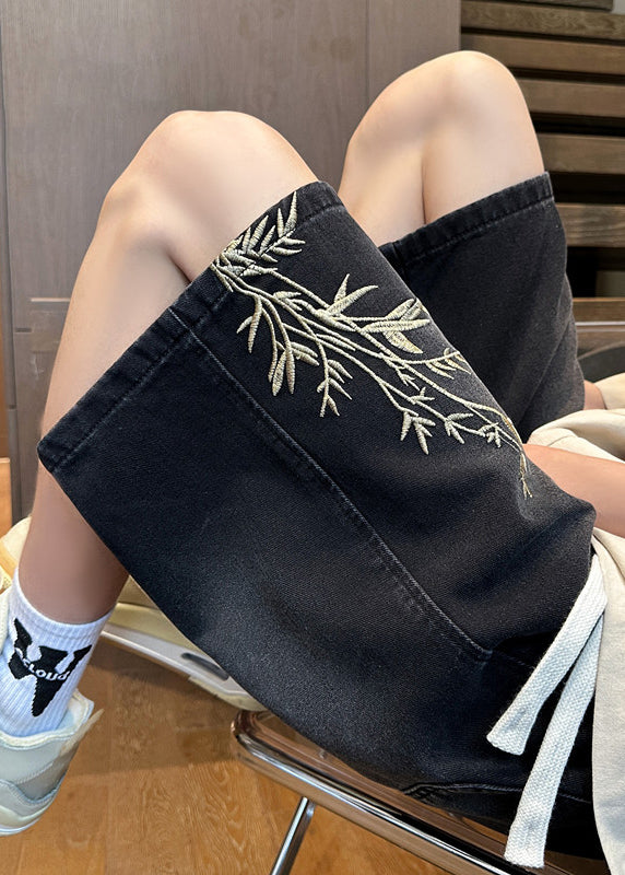 Black Pockets Elastic Waist Denim Summer Mens Shorts Embroideried