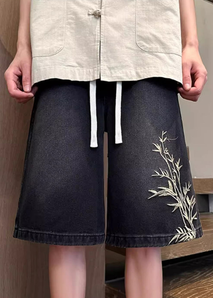 Black Pockets Elastic Waist Denim Summer Mens Shorts Embroideried