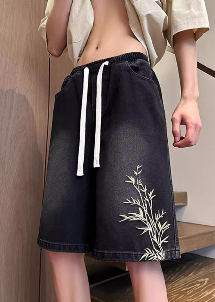 Black Pockets Elastic Waist Denim Summer Mens Shorts Embroideried