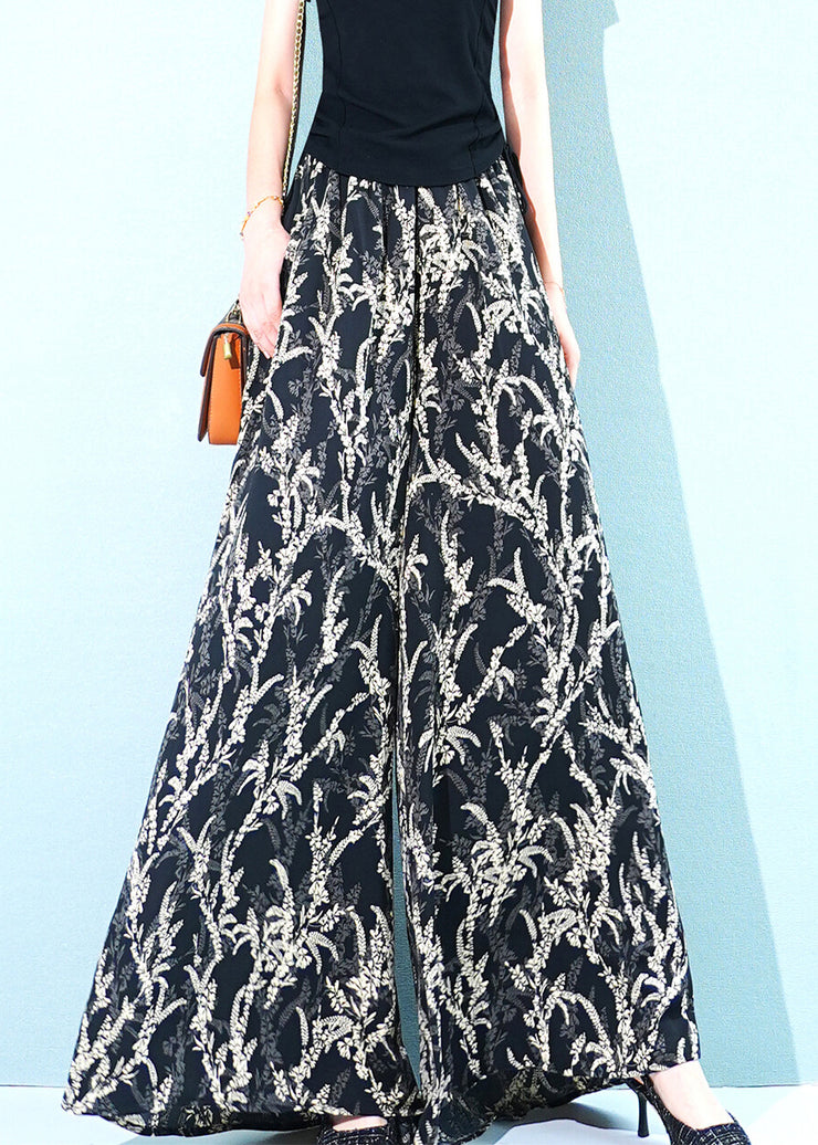 Black Pockets Elastic Waist Ice Silk Wide Leg Pants Print Summer