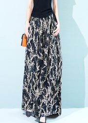Black Pockets Elastic Waist Ice Silk Wide Leg Pants Print Summer