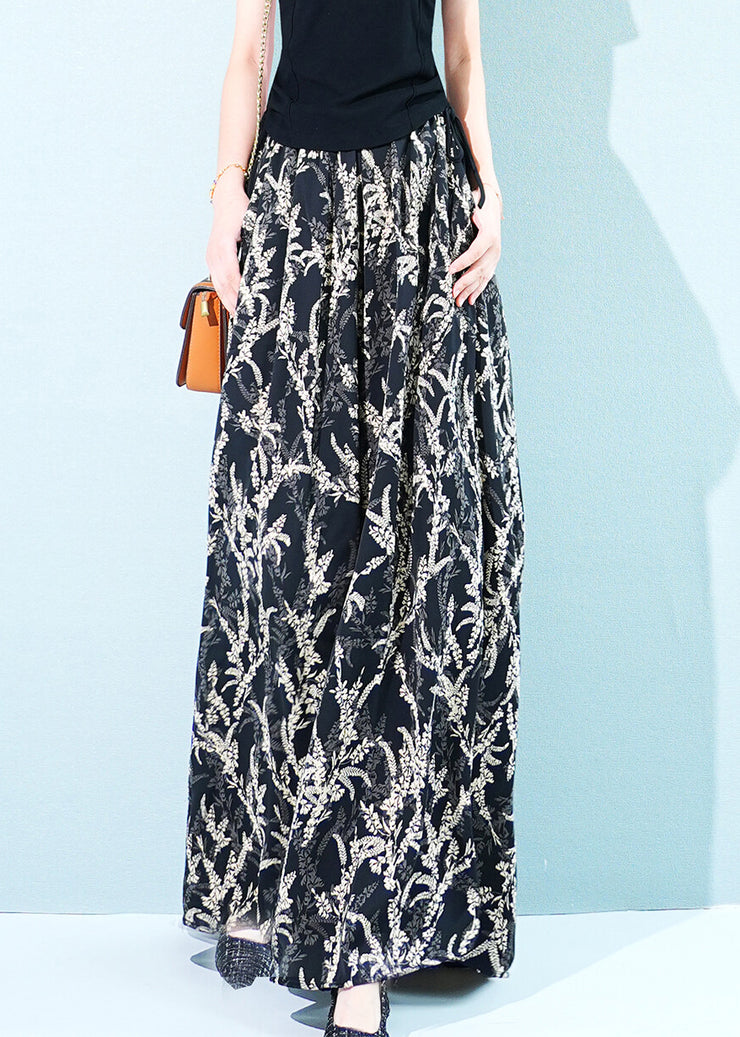 Black Pockets Elastic Waist Ice Silk Wide Leg Pants Print Summer