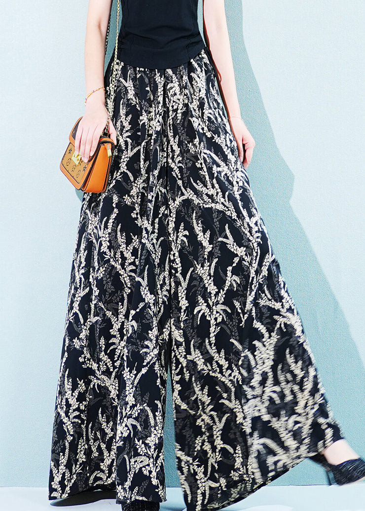 Black Pockets Elastic Waist Ice Silk Wide Leg Pants Print Summer