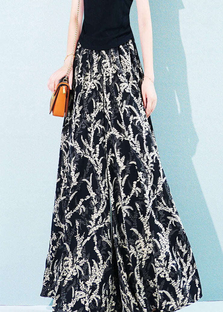 Black Pockets Elastic Waist Ice Silk Wide Leg Pants Print Summer