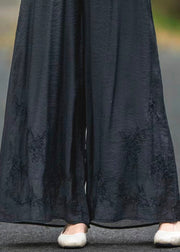 Black Pockets Elastic Waist Silk Summer Pants Embroidered