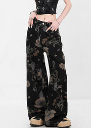 Black Pockets High Waist Denim Fall Wide Leg Pants Print