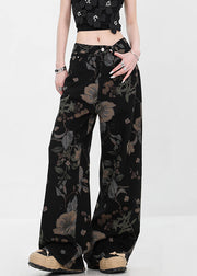 Black Pockets High Waist Denim Fall Wide Leg Pants Print