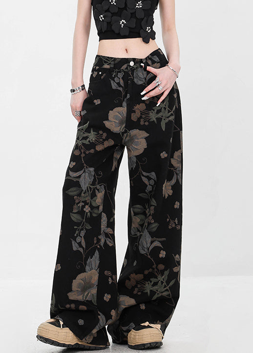 Black Pockets High Waist Denim Fall Wide Leg Pants Print