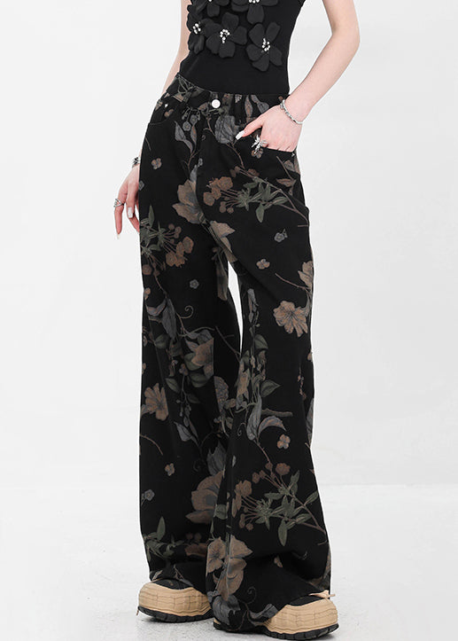 Black Pockets High Waist Denim Fall Wide Leg Pants Print