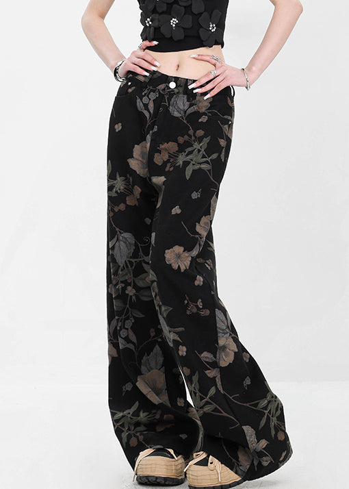 Black Pockets High Waist Denim Fall Wide Leg Pants Print