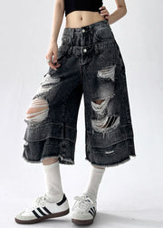 Black Pockets High Waist Denim Unique Crop Pants Hole