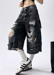 Black Pockets High Waist Denim Unique Crop Pants Hole