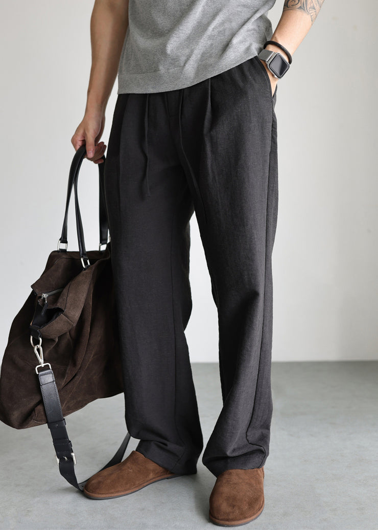 Black Pockets Linen Mens Straight Pants Elastic Waist