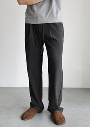Black Pockets Linen Mens Straight Pants Elastic Waist