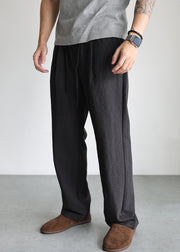 Black Pockets Linen Mens Straight Pants Elastic Waist
