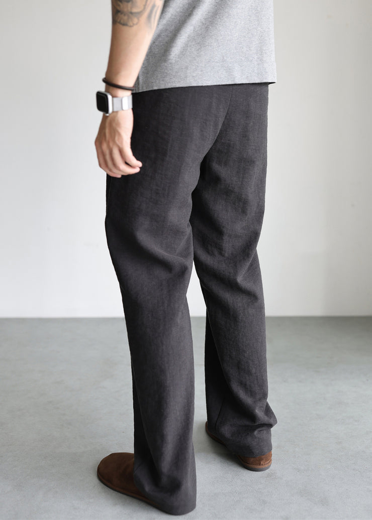 Black Pockets Linen Mens Straight Pants Elastic Waist