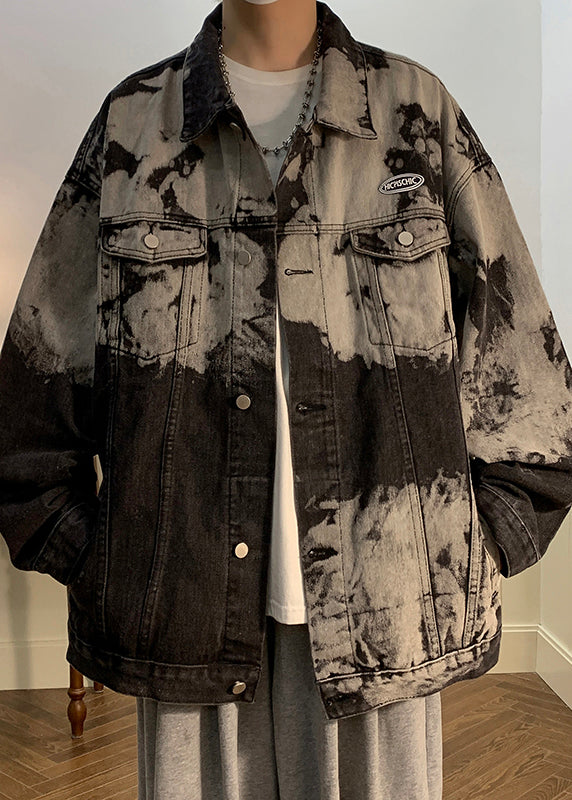 Black Pockets Loose Denim Fall Men Coat Peter Pan Collar