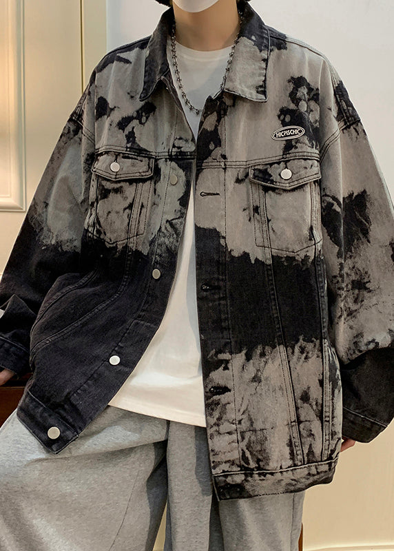 Black Pockets Loose Denim Fall Men Coat Peter Pan Collar