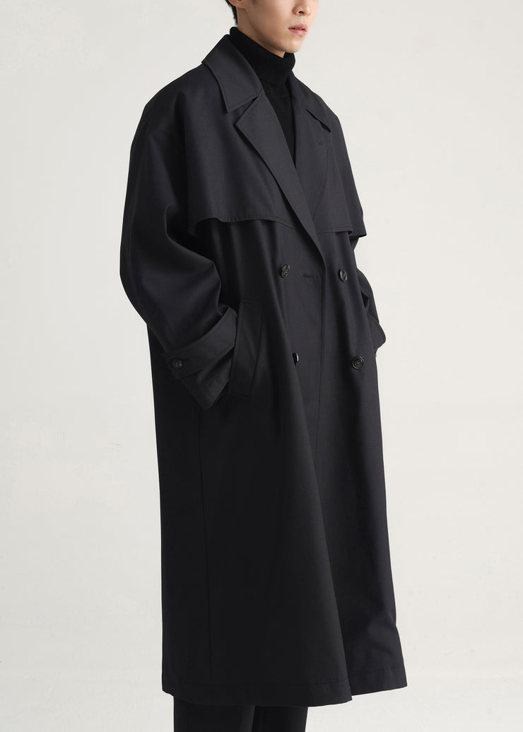 Black Pockets Oversized Cotton Men Long Trench Notched Spring