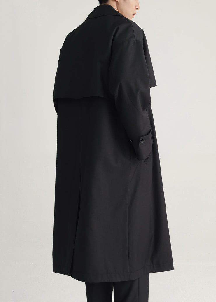 Black Pockets Oversized Cotton Men Long Trench Notched Spring
