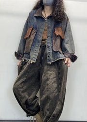 Black Pockets Patchwork Coat Peter Pan Collar Long Sleeve
