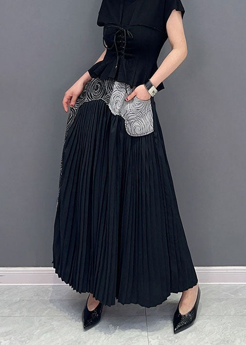 Black Pockets Patchwork Cotton Pants Skirt Wrinkled Summer