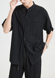 Black Pockets Solid Cotton Men Shirts Stand Collar