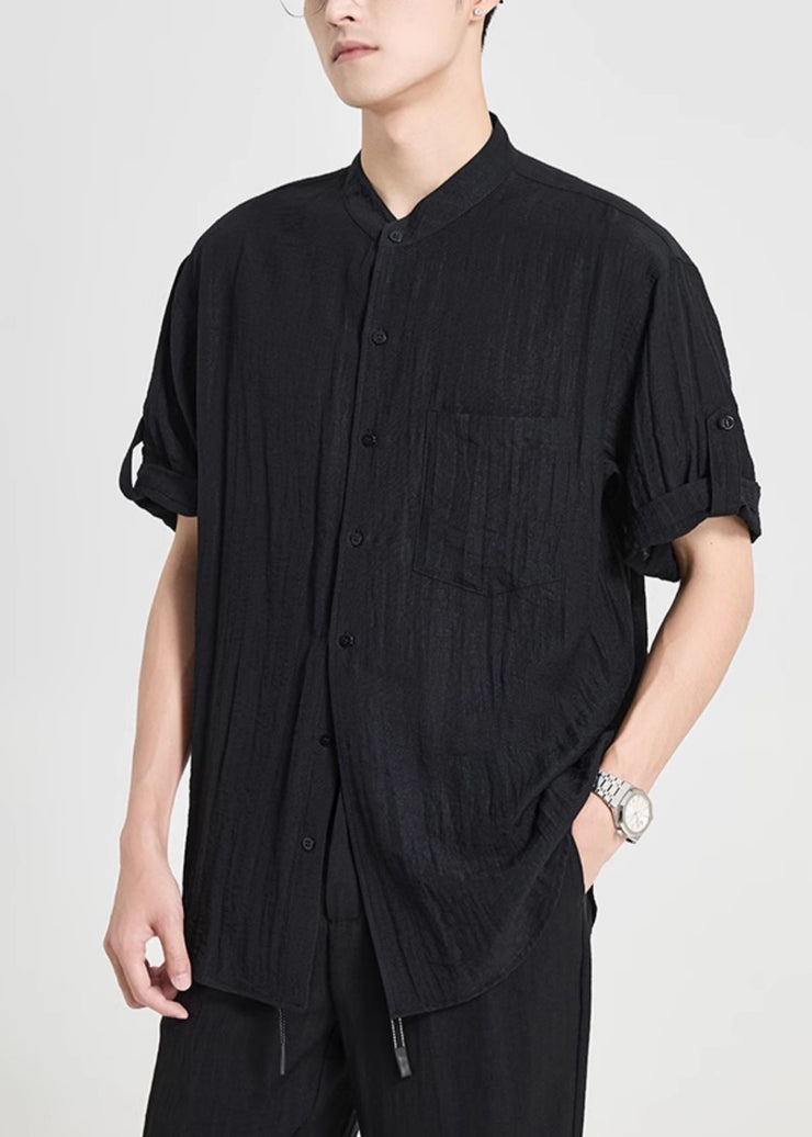 Black Pockets Solid Cotton Men Shirts Stand Collar