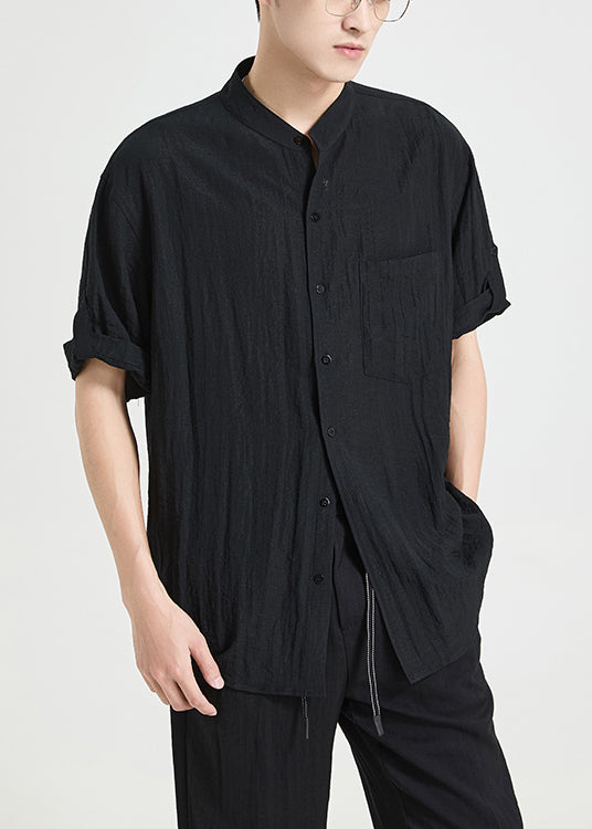 Black Pockets Solid Cotton Men Shirts Stand Collar