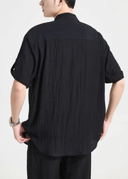 Black Pockets Solid Cotton Men Shirts Stand Collar