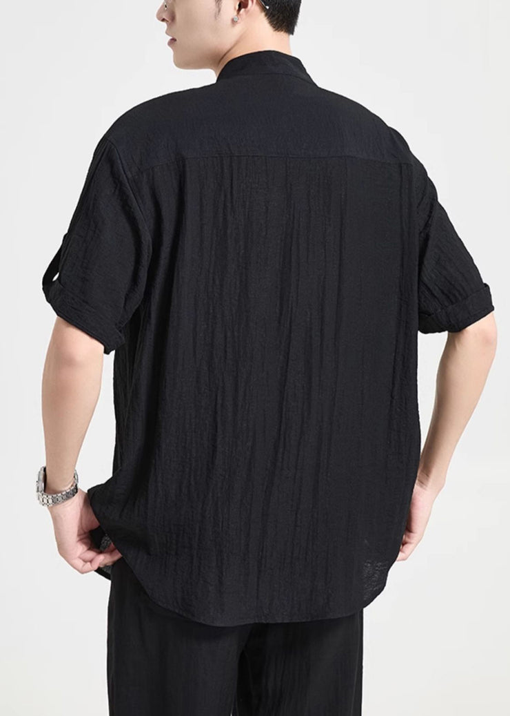 Black Pockets Solid Cotton Men Shirts Stand Collar