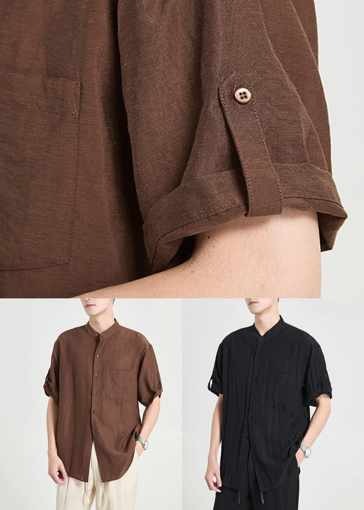 Black Pockets Solid Cotton Men Shirts Stand Collar