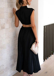Black Pockets Solid Cotton Summer Long Dresses Hollow Out