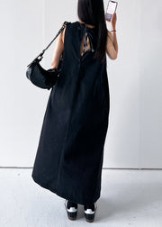Black Pockets Solid Long Dress O Neck Denim Summer