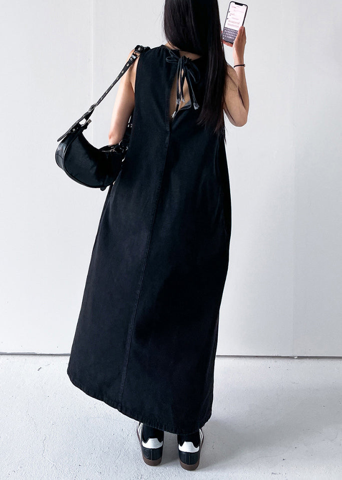 Black Pockets Solid Long Dress O Neck Denim Summer